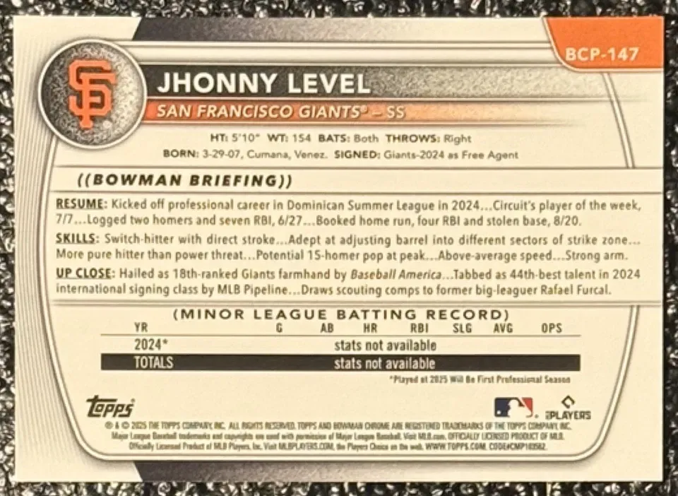Topps Panini Card Tarjeta Cromo Barajita Johnny Level Bowman 2025 1st Bowman Chrome Refractor Mojo Refractor (top 100 Prospecto Mlb De Venezuela)