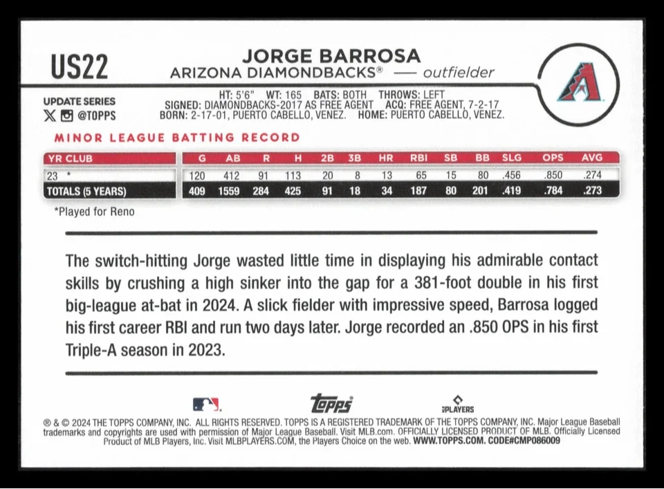 Topps Panini Card Tarjeta Cromo Barajita Jorge Barrosa Topps Update 2024 Rookie Card RC