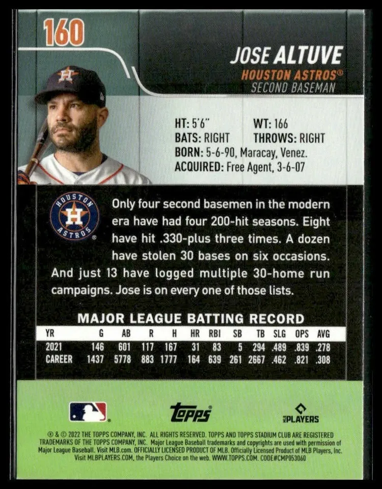 Topps Panini Card Tarjeta Cromo Barajita Jose Altuve 2022 Paralela Stadium Club Paralela Red Foil