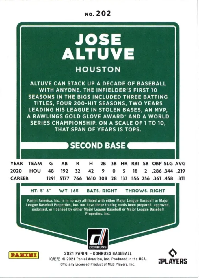 Topps Panini Card Tarjeta Cromo Barajita Jose Altuve Panini 2021 Donruss