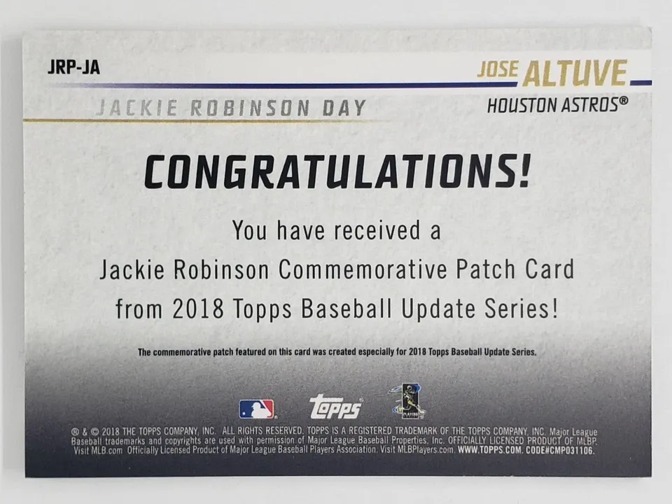 Topps Panini Card Tarjeta Cromo Barajita Jose Altuve Topps 2018 Update Patch Jackie Robinson Commemorative