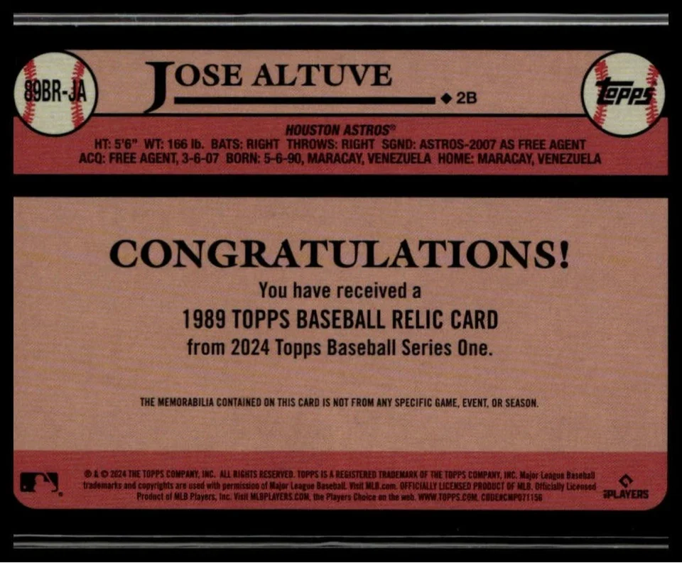 Topps Panini Card Tarjeta Cromo Barajita Jose Altuve Topps 2024 1989 Topps Baseball 35th Anniversary Relics Pedazo bate