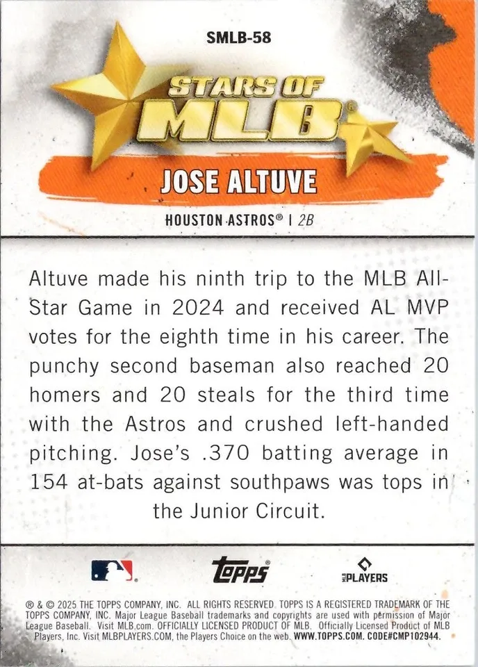 Topps Panini Card Tarjeta Cromo Barajita Jose Altuve Topps 2025 Stars Of Mlb