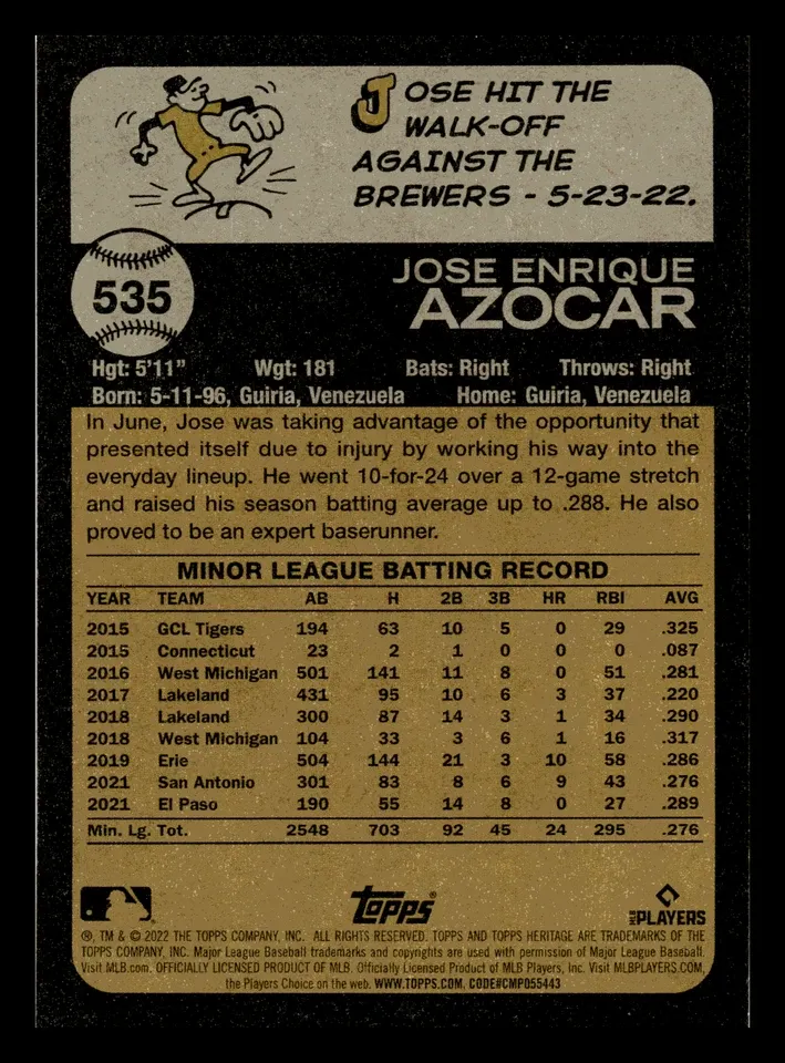 Topps Panini Card Tarjeta Cromo Barajita Jose Azocar Topps 2022 Rookie Card RC Heritage
