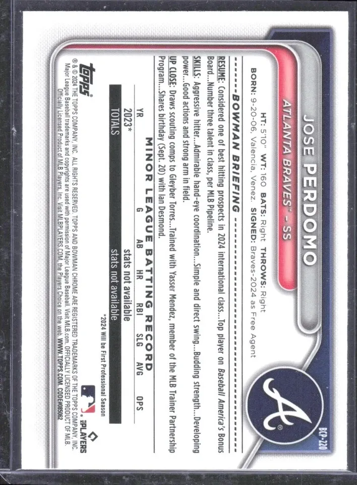 Topps Panini Card Tarjeta Cromo Barajita Jose Perdomo Bowman 2024 1st Bowman Chrome