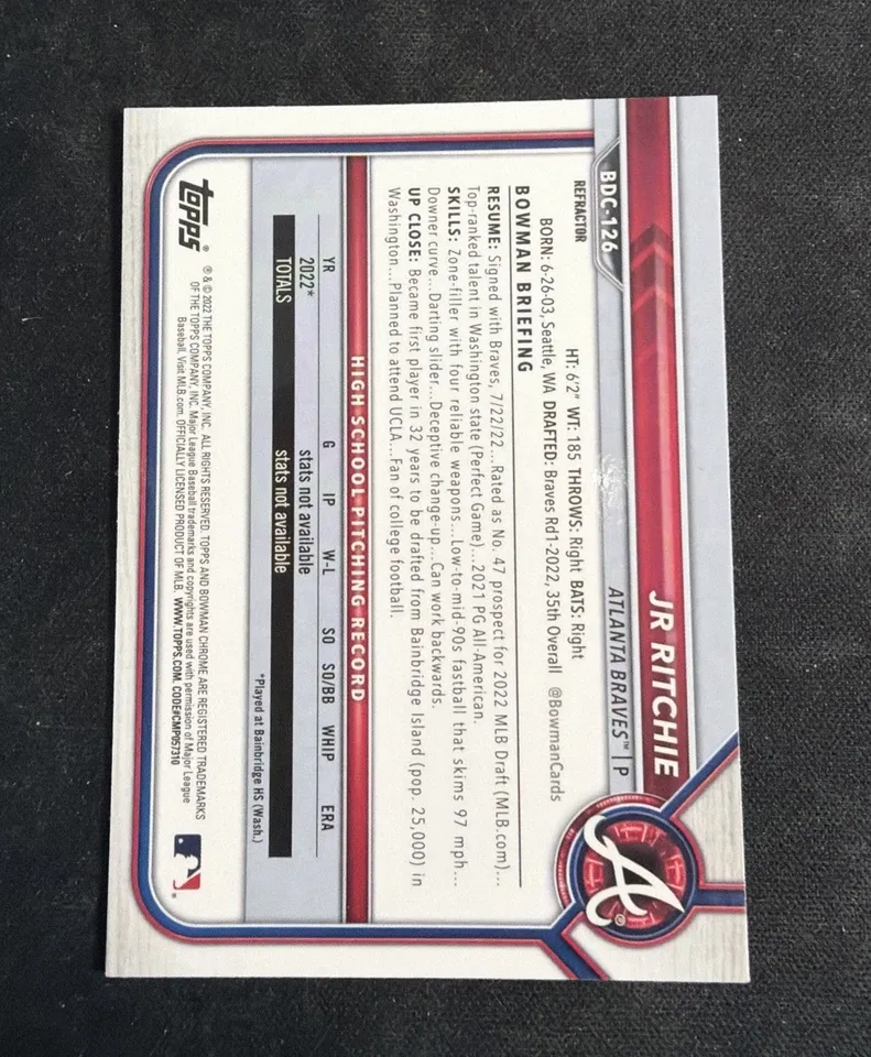 Topps Panini Card Tarjeta Cromo Barajita Jr. Ritchie Bowman 2022 Chrome Draft Rookie Card RC