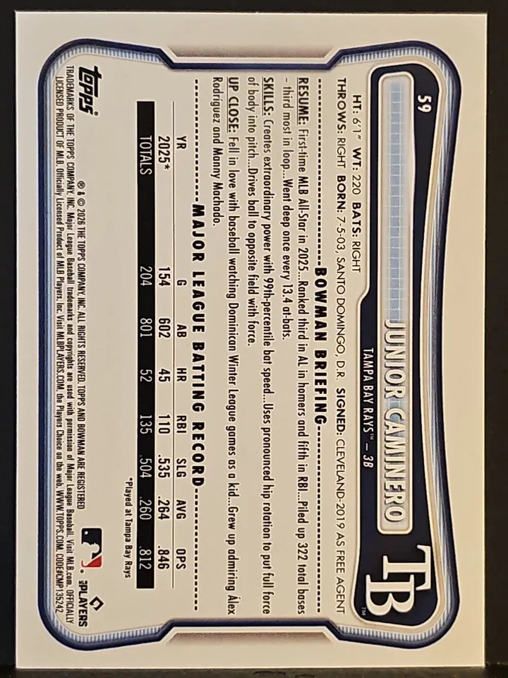 Topps Panini Card Tarjeta Cromo Barajita Junior Caminero Bowman 2026