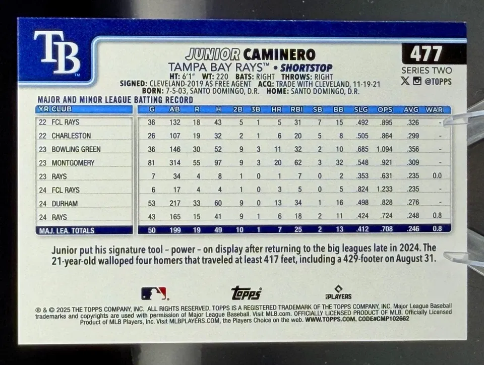 Topps Panini Card Tarjeta Cromo Barajita Junior Caminero Topps 2025 Series Future Stars