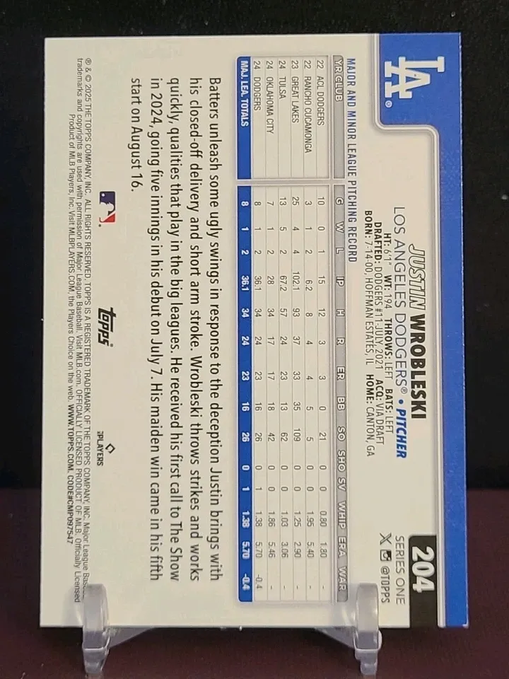 Topps Panini Card Tarjeta Cromo Barajita Justin Wrobleski Topps 2025 Series Rookie Card RC