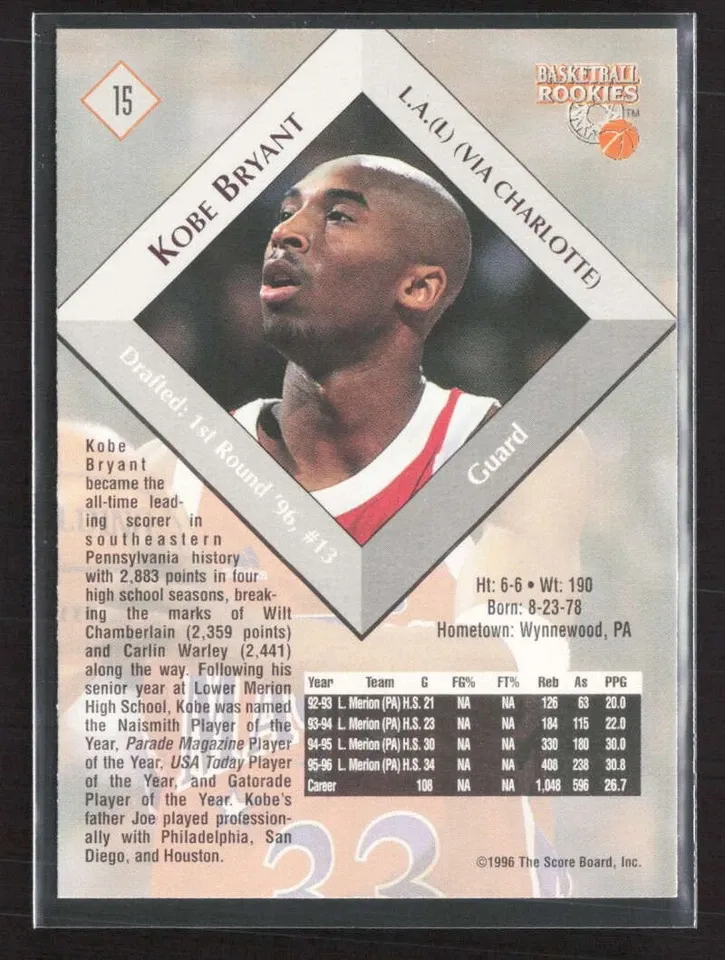 Topps Panini Card Tarjeta Cromo Barajita Kobe Bryant Score Board 1996 Pre Rookiecard RC Rookie Card RC Rookies con uniforme de colegio Lower Merion