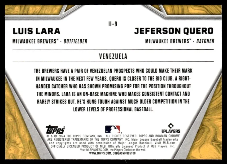 Topps Panini Card Tarjeta Cromo Barajita Luis Lara Jefferson Quero Bowman 2024 Chrome Rookie Card RC Venezuela International Impact