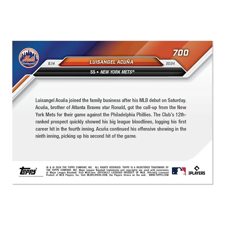 Topps Panini Card Tarjeta Cromo Barajita Luisangel Acuña Topps 2024 Now 1st Hit En Mlb (call Up Primera Topps Now)