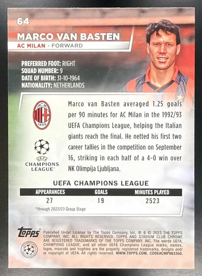 Topps Panini Card Tarjeta Cromo Barajita Marcoo Van Basten Topps 2022 Chrome Rookie Card RC Stadium Club Uefa Competitions