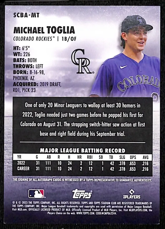 Topps Panini Card Tarjeta Cromo Barajita Michael Toglia Topps 2023 Stadium Club Rookie Card RC Firma Certificada Auto