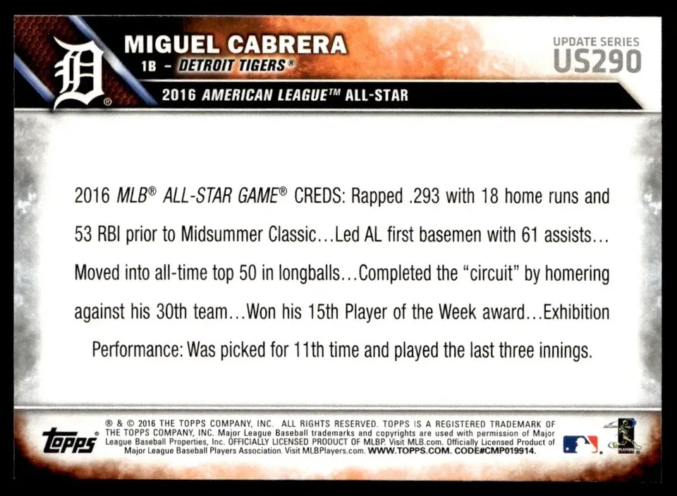 Topps Panini Card Tarjeta Cromo Barajita Miguel Cabrera Topps 2016 All-star Game