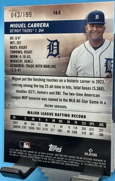 Topps Panini Card Tarjeta Cromo Barajita Miguel Cabrera Topps 2024 Paralela Numerada Stadium Club Paralela Green /199