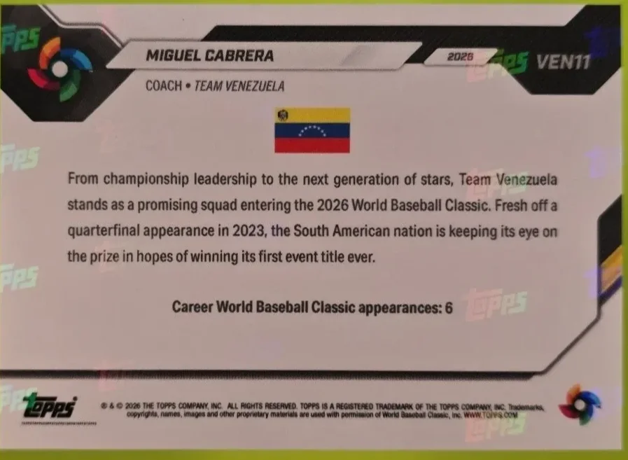 Topps Panini Card Tarjeta Cromo Barajita Miguel Cabrera Topps Now 2026 Clasico Mundial Paralela Green Foil numerada /99 Wbc *Venezuela Campeón*