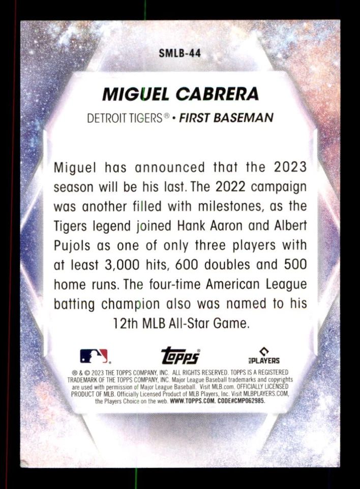 Topps Panini Card Tarjeta Cromo Barajita Miguel Cabrera Topps Series 1 2023 Insert Stars of MLB