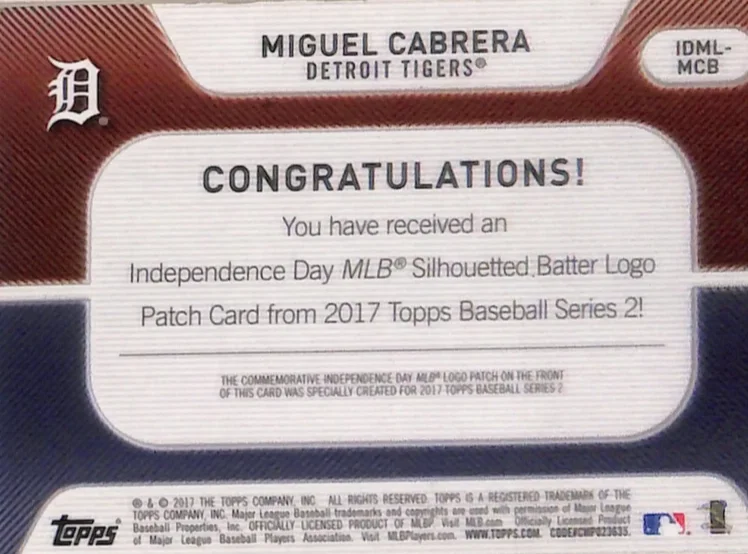 Topps Panini Card Tarjeta Cromo Barajita Miguel Cabrera Topps Series Patch 2017 Topps Independence Day Silhoutted Batter Logo