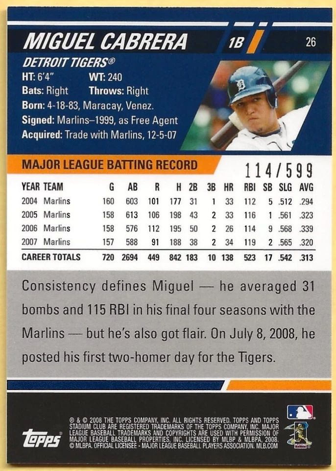 Topps Panini Card Tarjeta Cromo Barajita Miguel Cabrera Topps Stadium Club 2008 1st day numerada /599