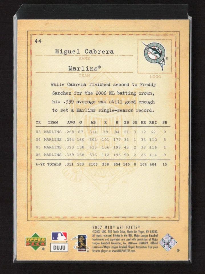 Topps Panini Card Tarjeta Cromo Barajita Miguel Cabrera Upper Deck 2007