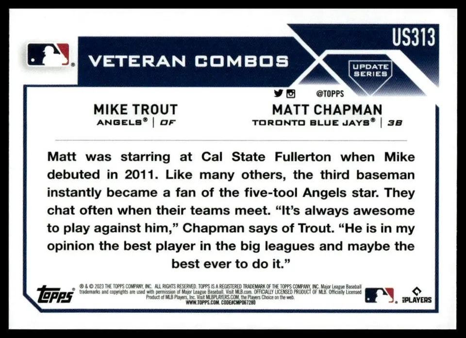 Topps Panini Card Tarjeta Cromo Barajita Mike Trout / Matt Chapman Topps 2023 Update Superstar Talk