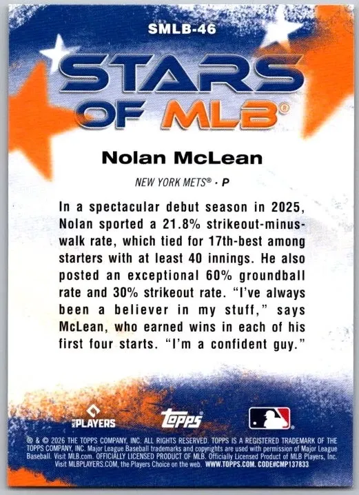 Topps Panini Card Tarjeta Cromo Barajita Nolan Mclean Topps 2026 Rookie Card RC Stars Of Mlb