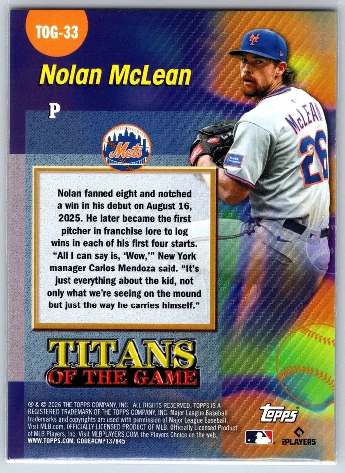 Topps Panini Card Tarjeta Cromo Barajita Nolan Mclean Topps 2026 Series Rookie Card RC Titans Of Games