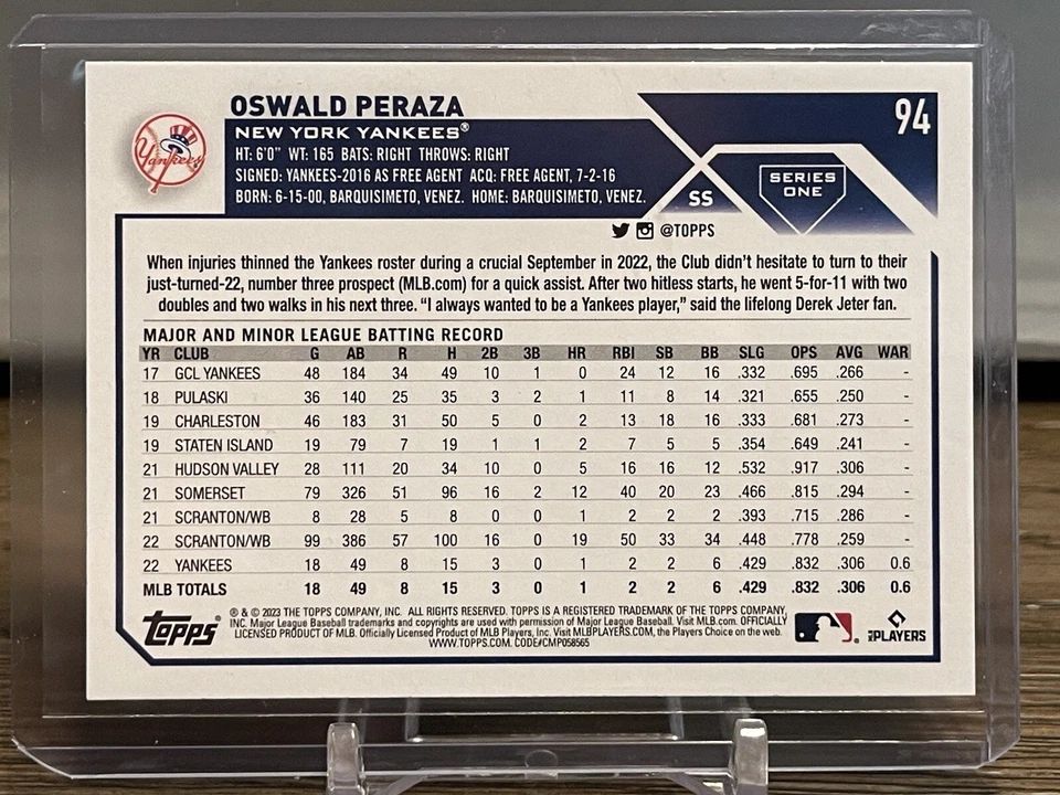 Topps Panini Card Tarjeta Cromo Barajita Oswald Peraza Topps Series 2023 Rookie Card RC