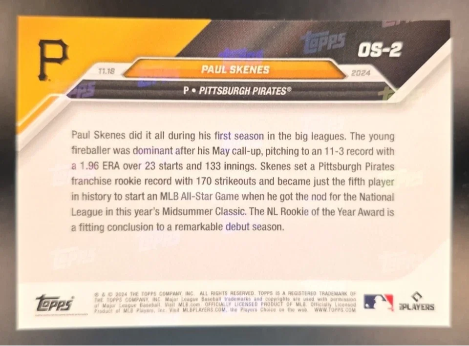 Topps Panini Card Tarjeta Cromo Barajita Paul Skenes Topps Now 2024 Topps Ganador del Novato del Año Rookie of the Year Rookie Card RC