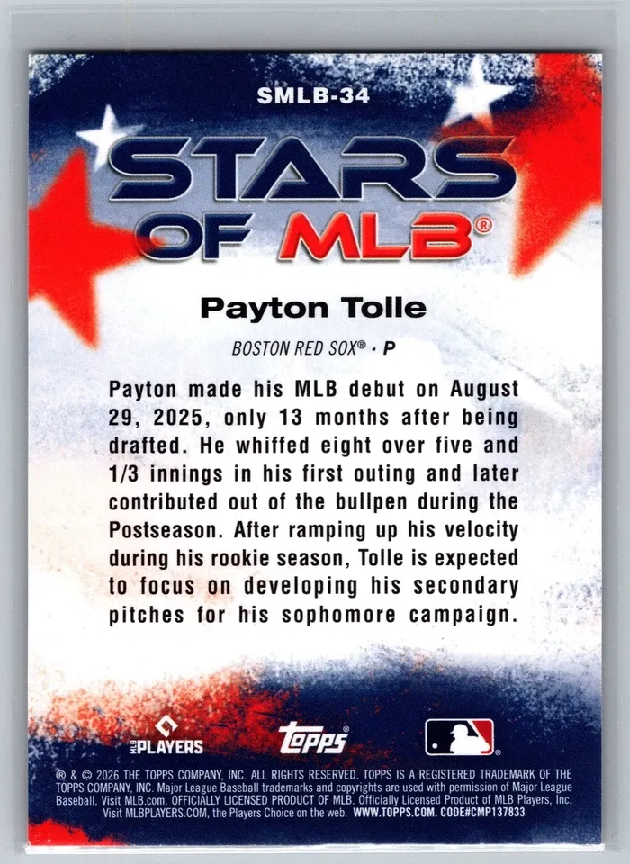 Topps Panini Card Tarjeta Cromo Barajita Payton Tolle Topps 2026 Rookie Card RC Stars Of Mlb Crackle Foil