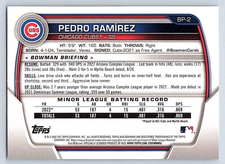 Topps Panini Card Tarjeta Cromo Barajita Pedro Ramirez Bowman 2023 1st Bowman Pre Rookie Card RC