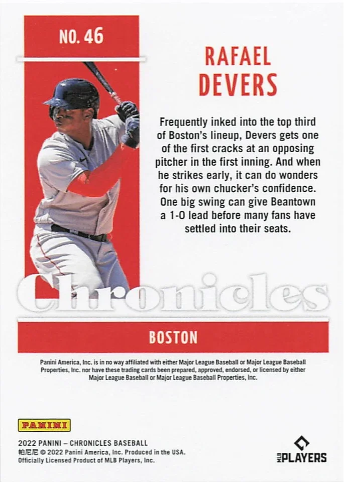 Topps Panini Card Tarjeta Cromo Barajita Rafael Devers Panini 2022 Chronicles