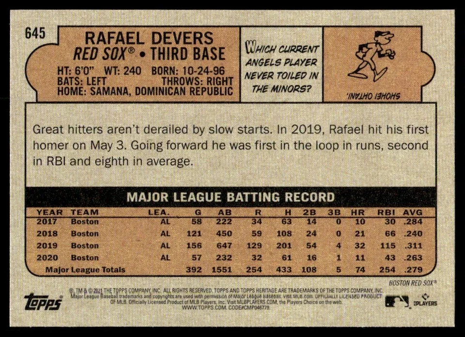 Topps Panini Card Tarjeta Cromo Barajita Rafael Devers Topps 2021 Heritage Red Sox