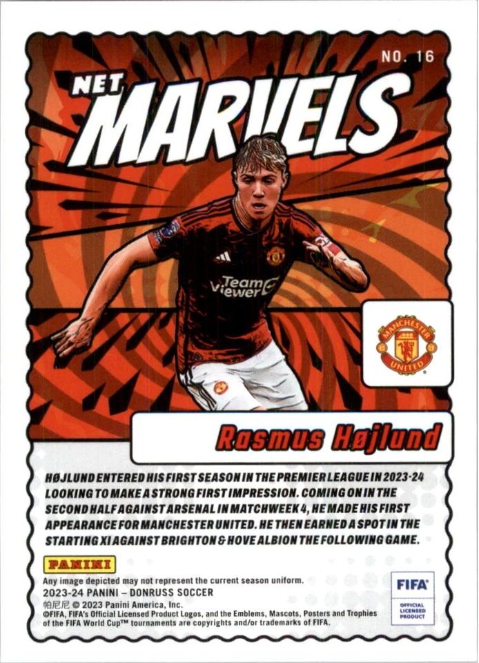 Topps Panini Card Tarjeta Cromo Barajita Rasmus Hojlung Donruss 2023-2024 Net Marvels (Futbol)