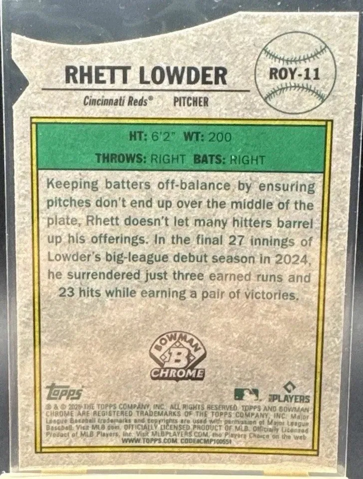Topps Panini Card Tarjeta Cromo Barajita Rhett Lowder Bowman 2025 Chrome Rookie Card RC Rookie Of The Year Favorites Card