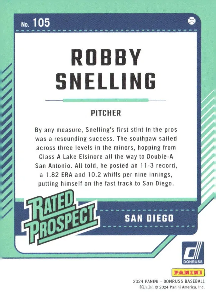 Topps Panini Card Tarjeta Cromo Barajita Robby Snelling Panini 2024 Donruss Pre Rookiecard RC Rated Prospect