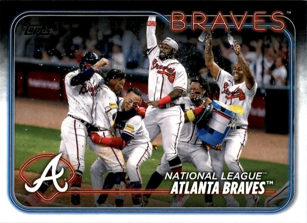 Topps Panini Card Tarjeta Cromo Barajita Ronald Acuña Jr., Albies, Harris II 2024 Topps Series One Atlanta Braves Team Card