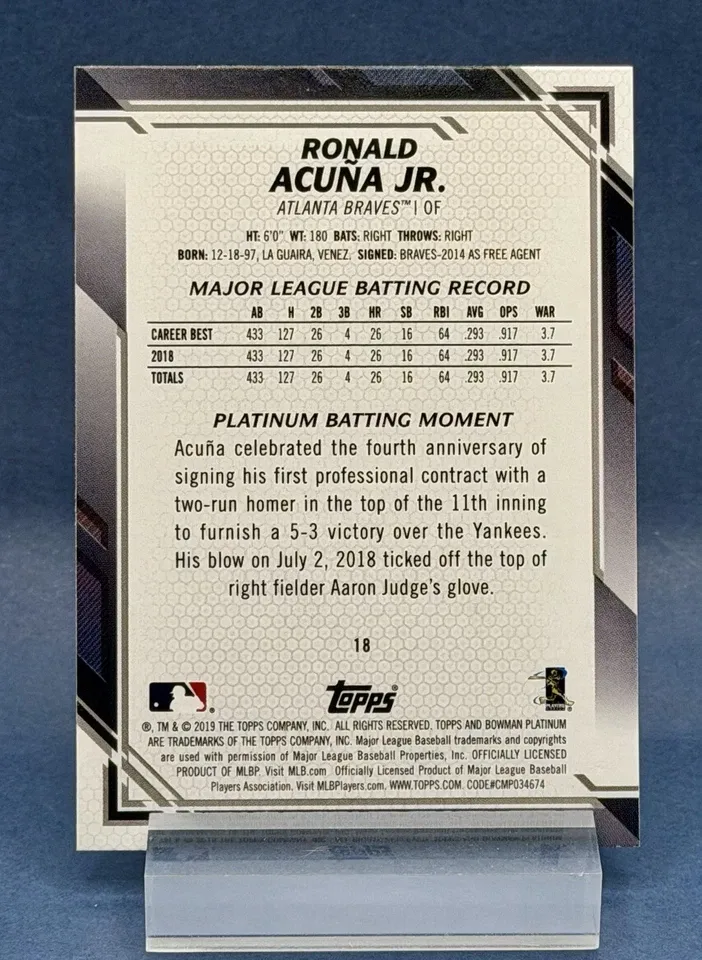 Topps Panini Card Tarjeta Cromo Barajita Ronald Acuña Jr. Bowman 2019 Platinum