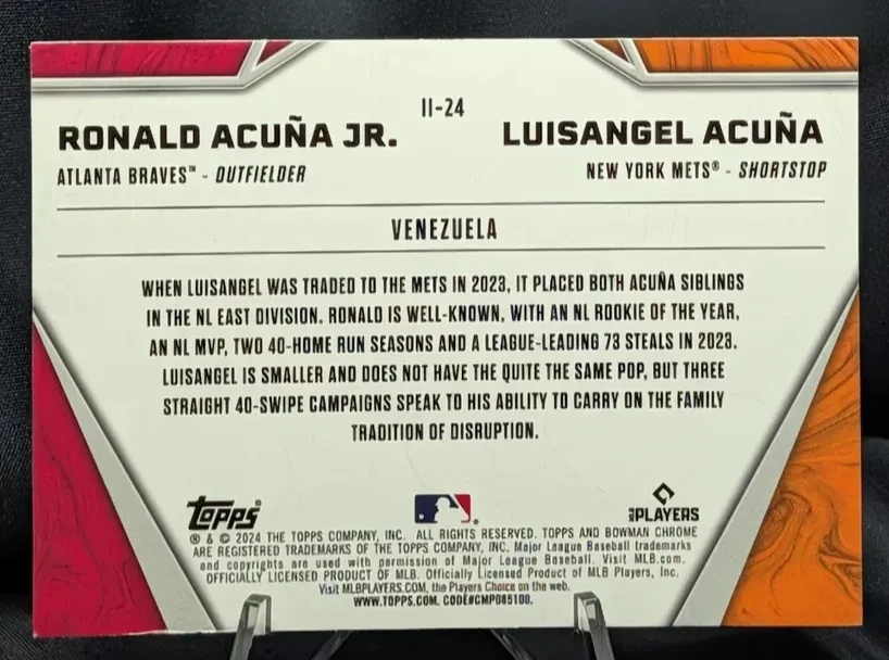Topps Panini Card Tarjeta Cromo Barajita Ronald Acuña Jr. / Luisangel Acuña Bowman 2024 Chrome International Impact