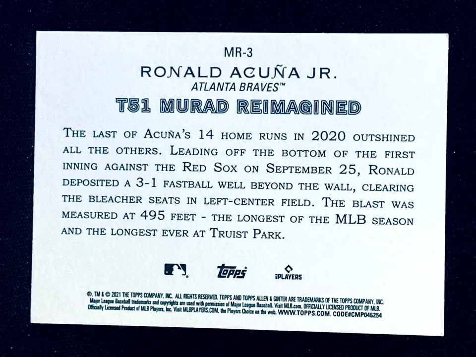Topps Panini Card Tarjeta Cromo Barajita Ronald Acuña Jr. Topps 2021 Allen &amp; Ginter Murad Reimagined