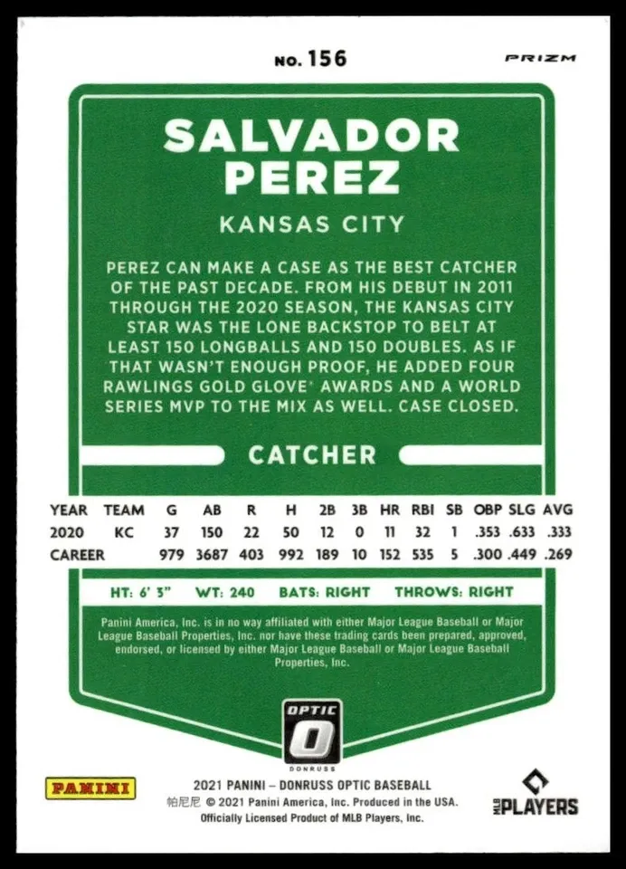 Topps Panini Card Tarjeta Cromo Barajita Salvador Perez Panini 2021 Donruss Optic Cromo
