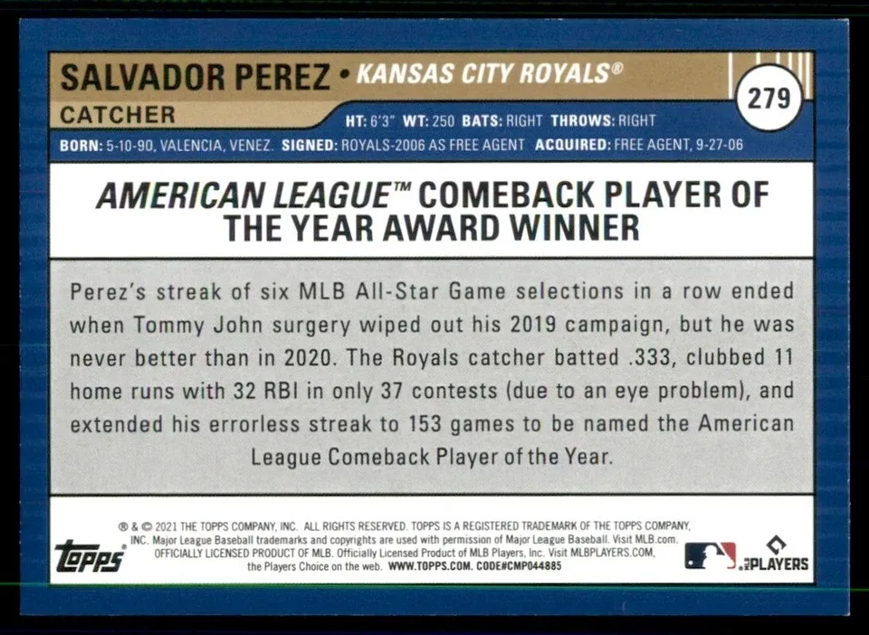 Topps Panini Card Tarjeta Cromo Barajita Salvador Perez Topps 2021 Big League Award Winners