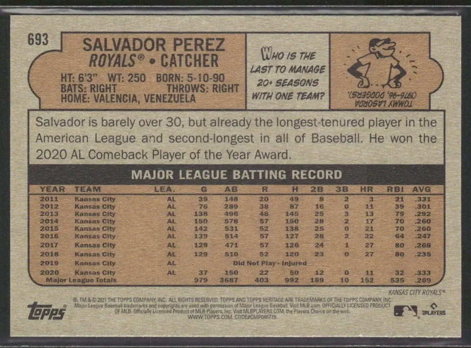 Topps Panini Card Tarjeta Cromo Barajita Salvador Perez Topps 2021 Heritage