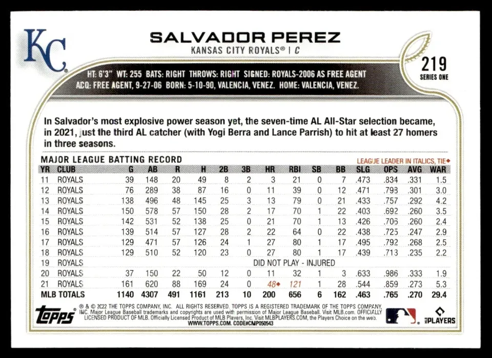 Topps Panini Card Tarjeta Cromo Barajita Salvador Perez Topps 2022