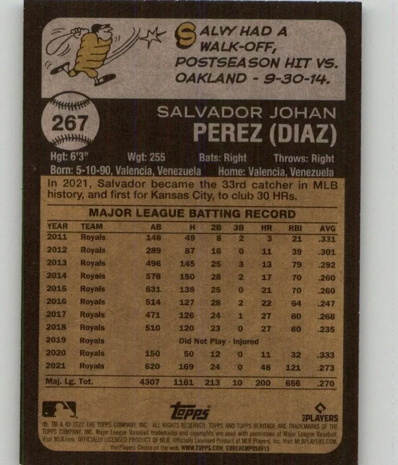 Topps Panini Card Tarjeta Cromo Barajita Salvador Perez Topps 2022 Heritage
