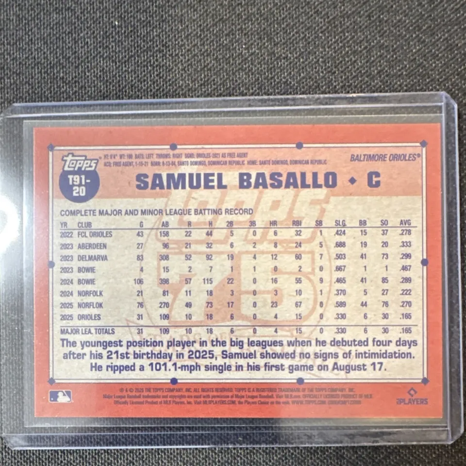 Topps Panini Card Tarjeta Cromo Barajita Samuel Basallo Topps 2026 Series Rookie Card RC 1989