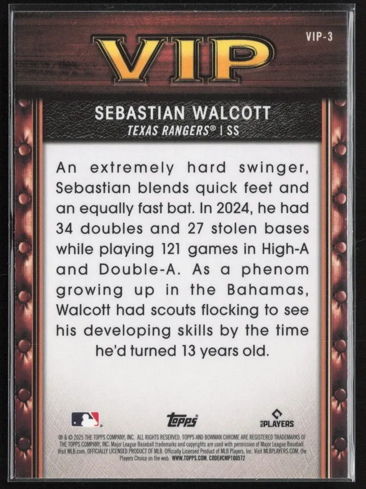 Topps Panini Card Tarjeta Cromo Barajita Sebastian Walcott Bowman 2025 Refractor Very Important Prospects Vip