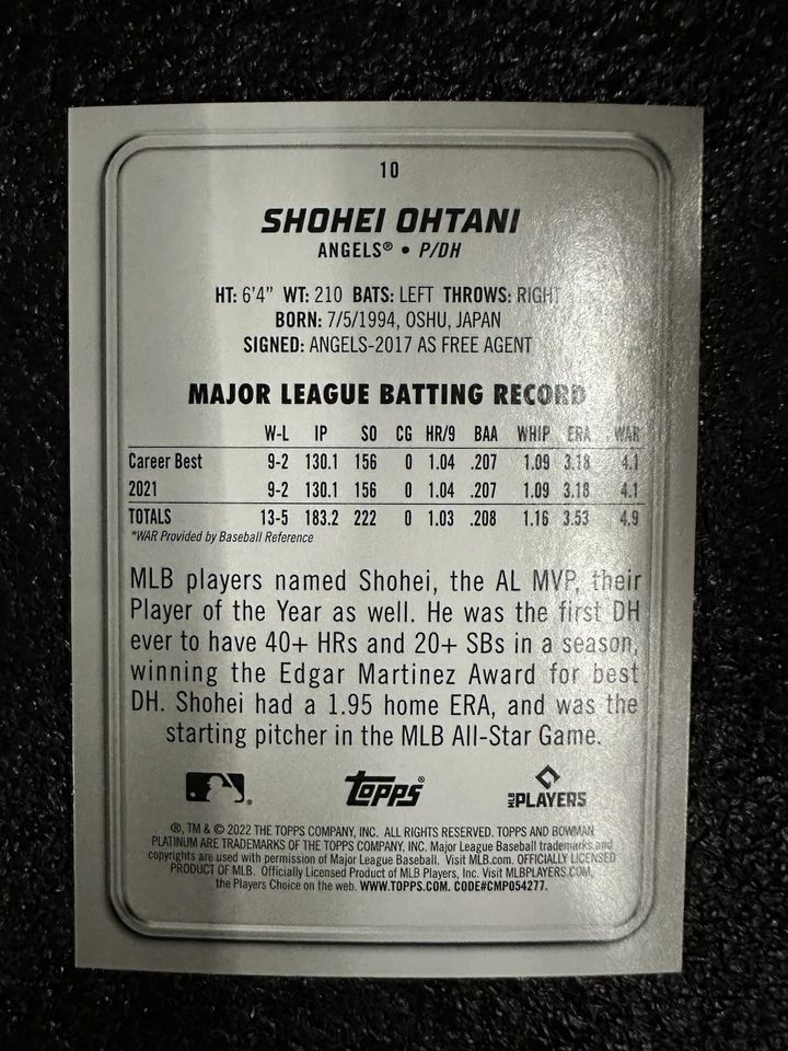 Topps Panini Card Tarjeta Cromo Barajita Shohei Ohtani Bowman 2022 Platinum