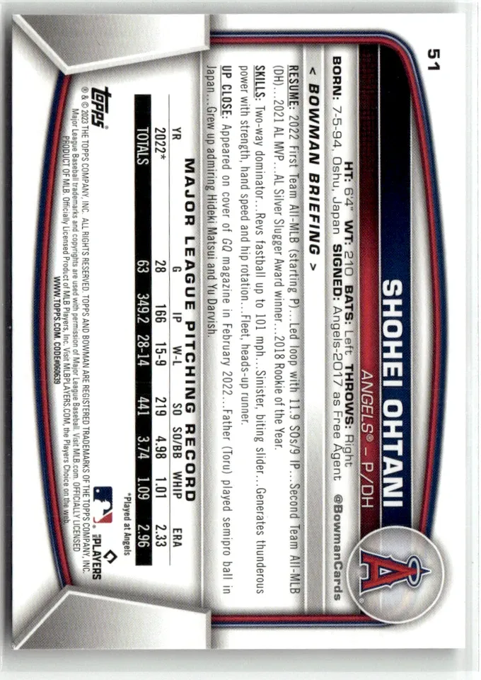 Topps Panini Card Tarjeta Cromo Barajita Shohei Ohtani Bowman 2023